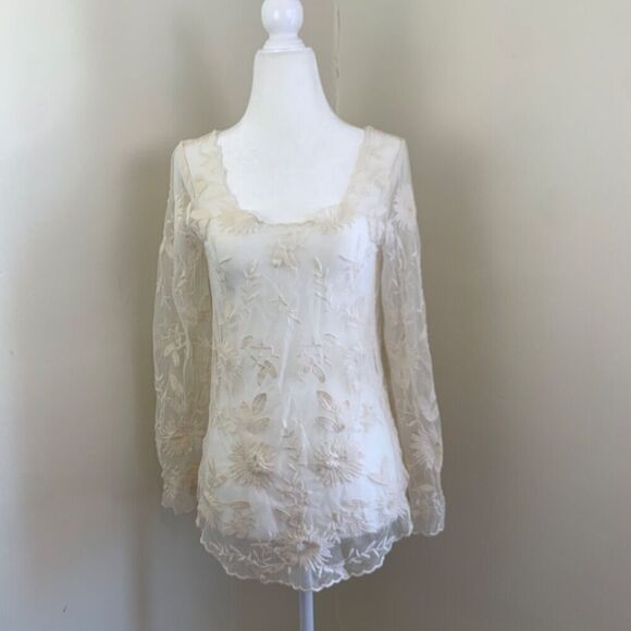 Anthropologie Everleigh Lace Top Blouse Size XS Ivory Sheer Cream Ivory Floral - Picture 1 of 13